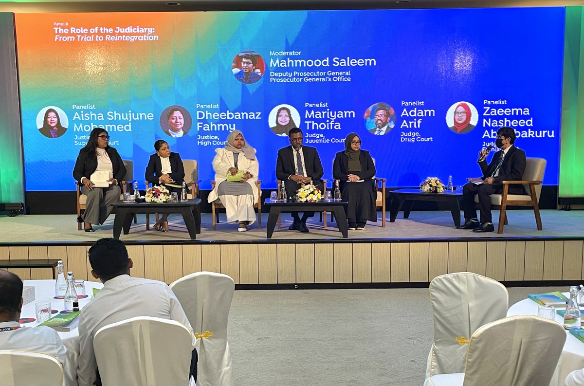 Prosecutor General’s Office (@pgo_mv) on Twitter photo #NJJC2025 Panel 3: The Role of the Judiciary – From Trial to Reintegration
Moderated by DPG Uz. Mahmood Saleem.
On the panel:
👩‍⚖️ Supreme Court Justice Uza. Aisha Shujune Mohamed
👩‍⚖️ High Court Justice Uza. Dheebanaaz Fahmy
👩‍⚖️ Juvenile Court Judge Uza. Mariyam Thoifa
👩‍⚖️ Family #NJJC2025 Panel 3: The Role of the Judiciary – From Trial to Reintegration
Moderated by DPG Uz. Mahmood Saleem.
On the panel:
👩‍⚖️ Supreme Court Justice Uza. Aisha Shujune Mohamed
👩‍⚖️ High Court Justice Uza. Dheebanaaz Fahmy
👩‍⚖️ Juvenile Court Judge Uza. Mariyam Thoifa
👩‍⚖️ Family