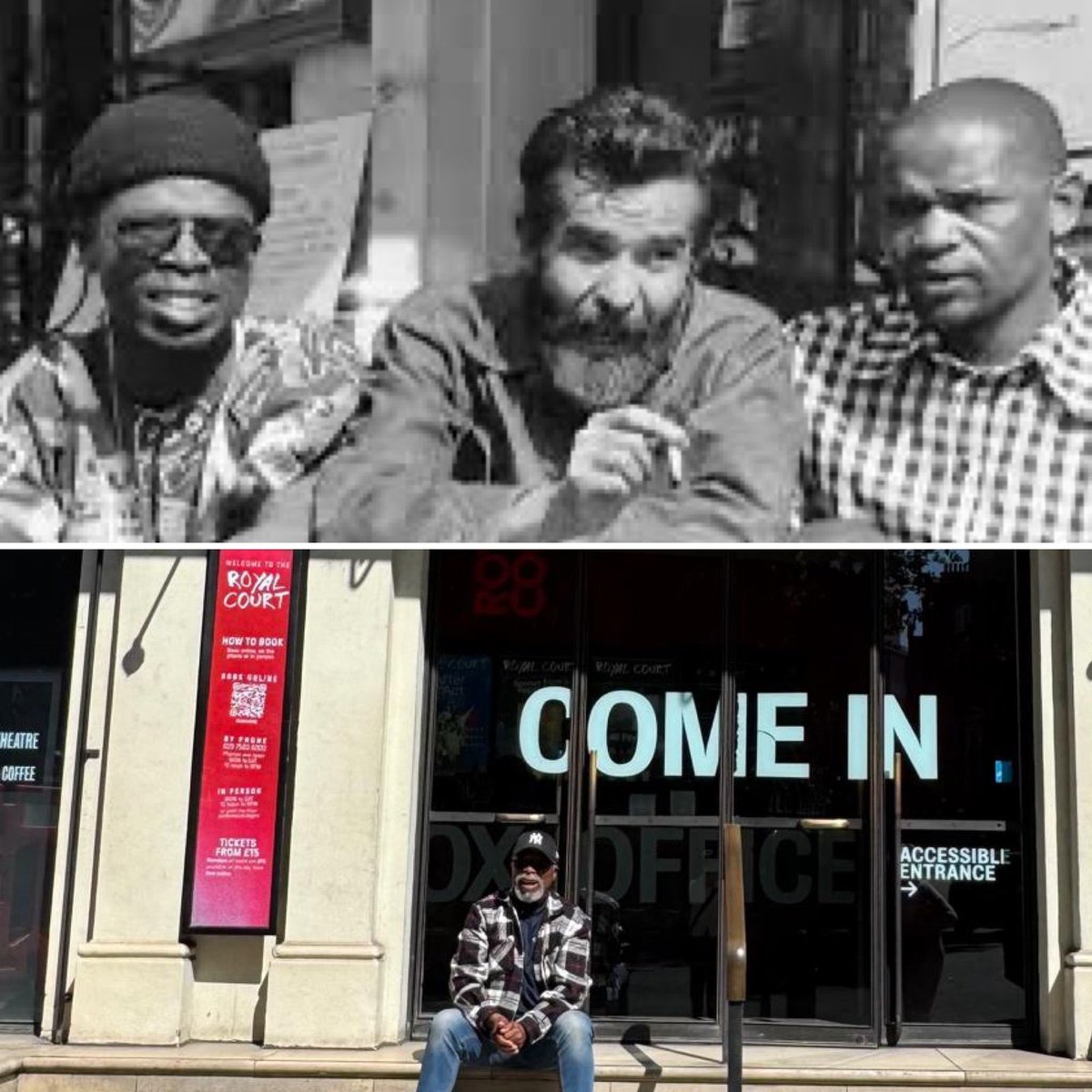 1973 Athol Fugard, Winston Ntshona and I sitting at the steps in front of the Royal Court Theatre in London staging Sizwe Banzi is Dead and the Island. Today 2025 I am sitting at the same theatre alone. I am here to pay tribute to both my friends. Elder