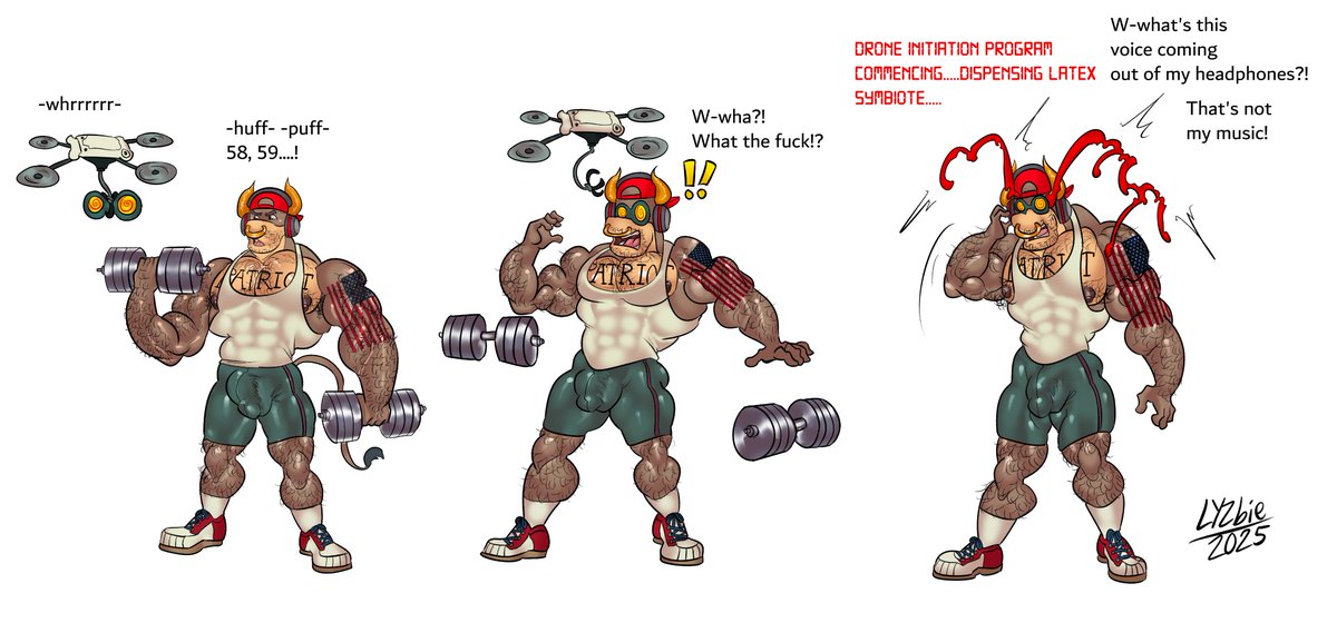 LyZbie's tweet photo. For @BuffBullMac of his OC Mac getting hypno'd and wrapped with a slick red latex suit to get transformed into the ultimate muscle patriot, along with an unwitting human participant! 💪🐂🎯🫡🪖🇺🇸🔴❤️ https://t.co/8ehV2EN004