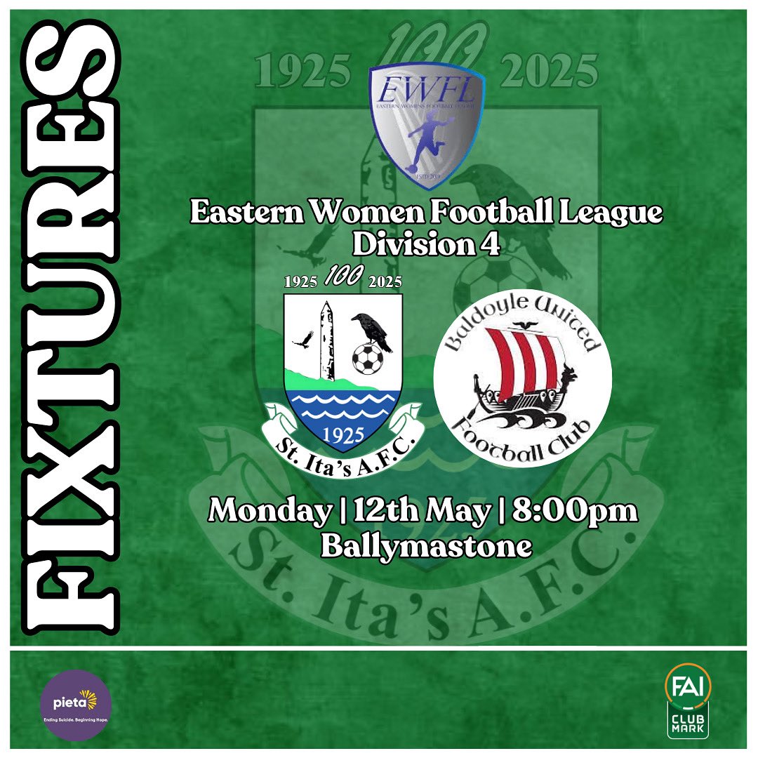 St Ita's AFC (@stitasafc) on Twitter photo 🟢⚪️ 𝓢𝓮𝓷𝓲𝓸𝓻 𝓦𝓸𝓶𝓮𝓷 𝓕𝓲𝔁𝓽𝓾𝓻𝓮 🟢⚪️
Tomorrow evening our senior women’s team host Baldoyle Utd in Ballymastone, kick off is at 8pm
#stitasafc
<a href="/EasternWFL/">Eastern Womens Football League</a> <a href="/BaldoyleUtd/">Baldoyle United FC</a> 🟢⚪️ 𝓢𝓮𝓷𝓲𝓸𝓻 𝓦𝓸𝓶𝓮𝓷 𝓕𝓲𝔁𝓽𝓾𝓻𝓮 🟢⚪️
Tomorrow evening our senior women’s team host Baldoyle Utd in Ballymastone, kick off is at 8pm
#stitasafc
<a href="/EasternWFL/">Eastern Womens Football League</a> <a href="/BaldoyleUtd/">Baldoyle United FC</a>