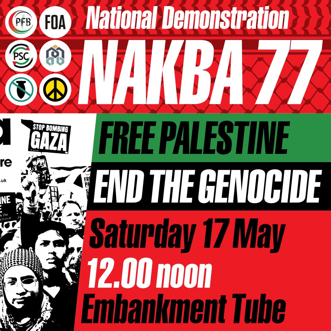🟥  𝙎𝘼𝙏𝙐𝙍𝘿𝘼𝙔  𝙇𝙊𝙉𝘿𝙊𝙉
🟩 To travel as a bloc from Brighton please meet on the concourse Brighton station by 10.20am to catch the 10.28 train to London Blackfriars.
⬛  #Nakba77