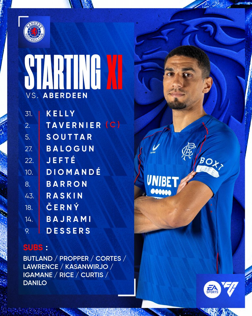 RangersFC's tweet photo. 🔢 Today’s starting XI to face Aberdeen at Ibrox.

 📲 Full Team News | https://t.co/Z6hXEdfyeu https://t.co/81GU2mdCIE