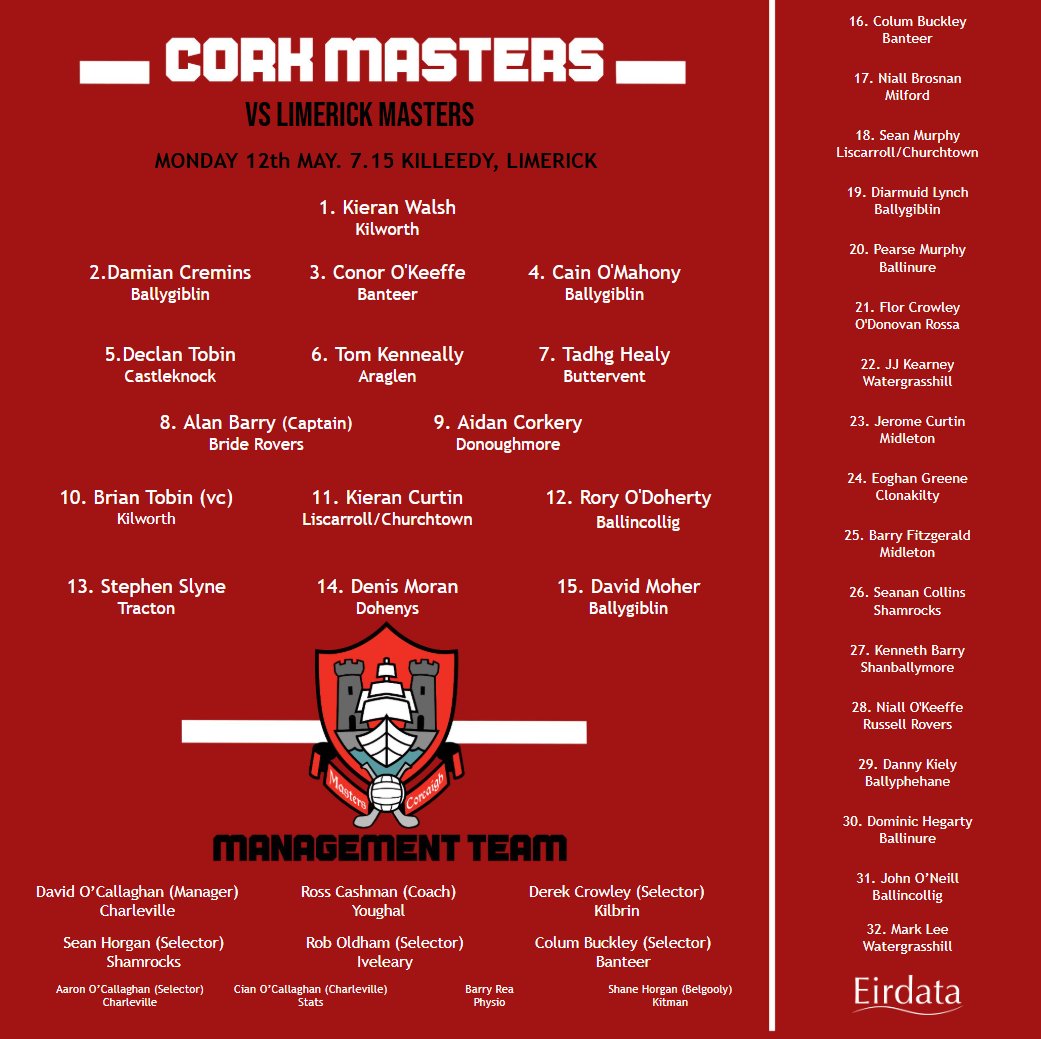 CorkMasters's tweet photo. Our Hurling team to play 
Limerick Masters
Monday in Killeedy.
First game of the 2025 
@GaelicMasters  All-Ireland championship
@eirdata https://t.co/SvzdDKdms8