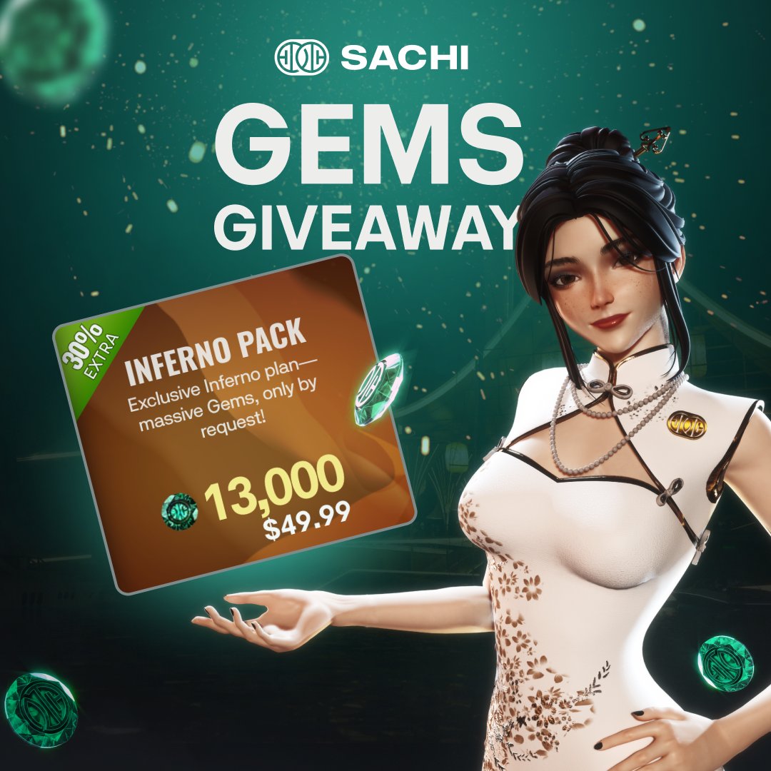 🔥INFERNO GEM PACK #GIVEAWAY – 13,000 GEMS🔥
Ready to turn up the heat in the SACHIverse? We’re giving away 5 Inferno Packs loaded with gems (worth $49.99 each) to 5 lucky players!

How to enter:
1️⃣ Create a profile / register in SACHI
2️⃣ Drop your SACHI username in the comments