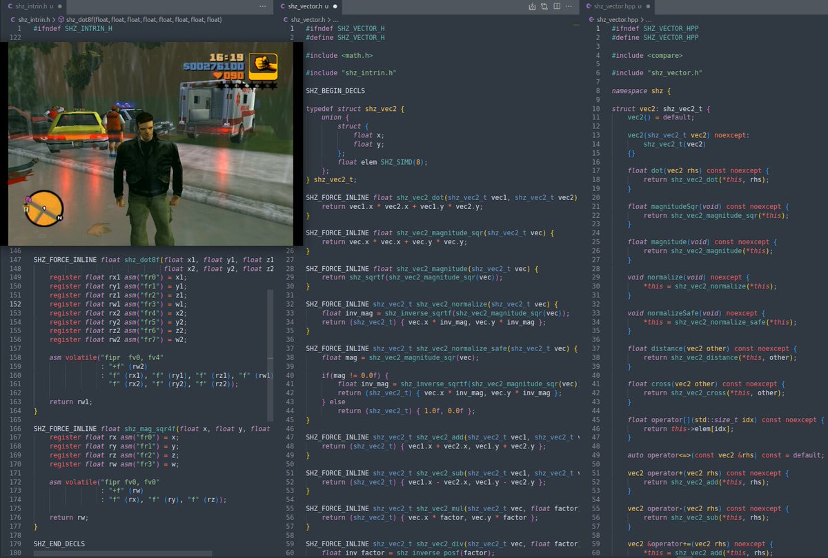 Presenting sh4zam, a new hardware accelerated general math and linear algebra library for the Sega Dreamcast's SH4 CPU, providing the optimized routines developed for our Grand Theft Auto 3 and Vice City ports.

The plan was always to take what we created for GTA and bring it