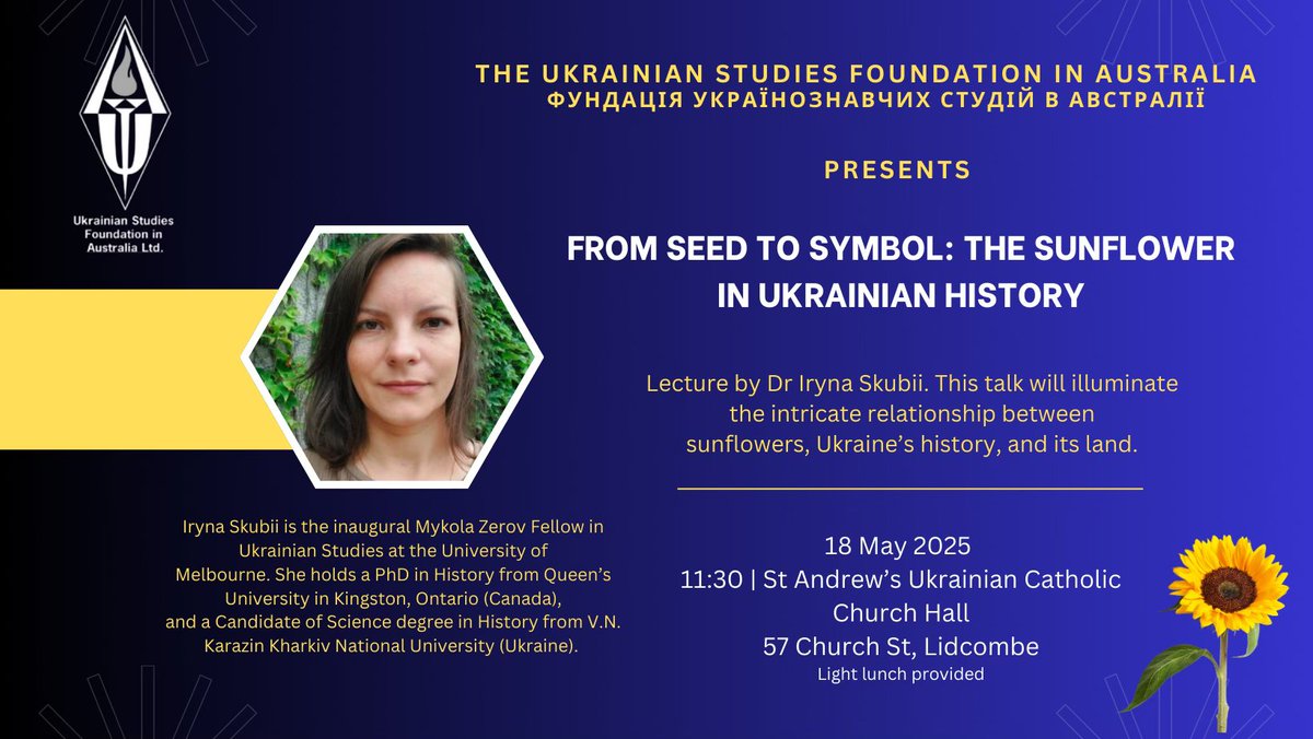 🌻In a week in Sydney! Thanks to the Ukrainian Studies Foundation in Australia for the invitation. Honoured to give a lecture "From Seed to Symbol: The Sunflower in Ukrainian Historу." 
#Ukraine #sunflower #UkrainianStudies #UkrainianStudiesFoundationInAustralia #Sydney