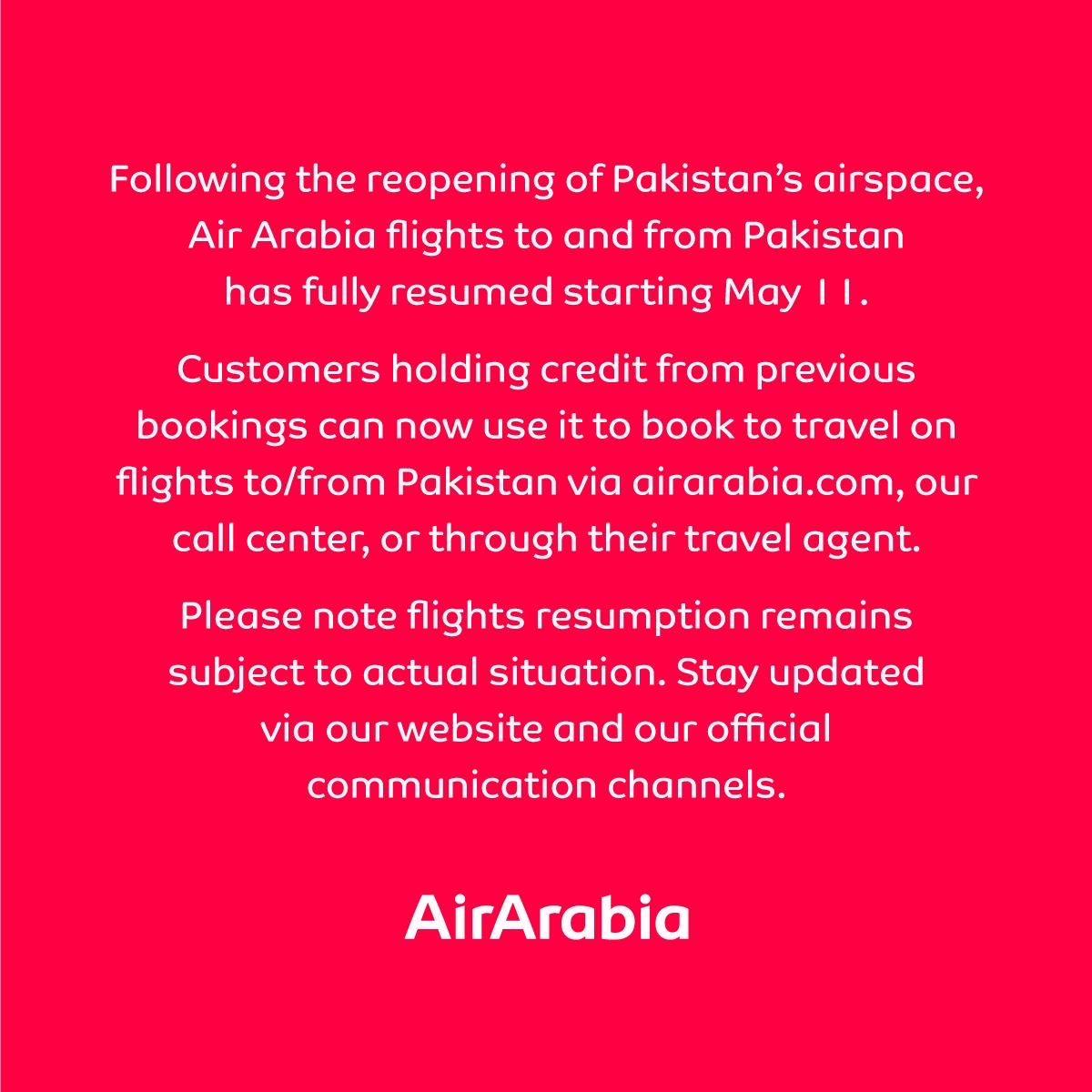 airarabiagroup's tweet photo. Travel update: Resumption of flights to/from Pakistan https://t.co/ab79jxMeJd