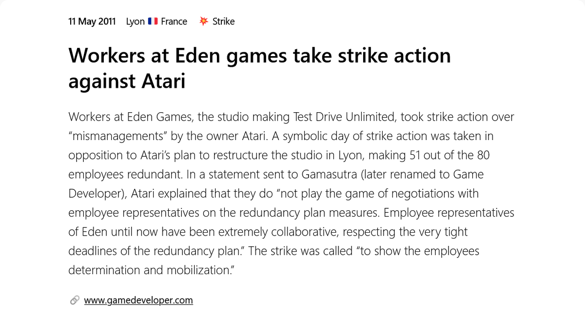#OtD 11 May 2011 Workers at Eden Games, which was owned by Atari, go on strike for a day in opposition to Atari’s plan to restructure the studio in Lyon which was making 51 out of the 80 employees redundant. gameworkersolidarity.com/action/2011-05…