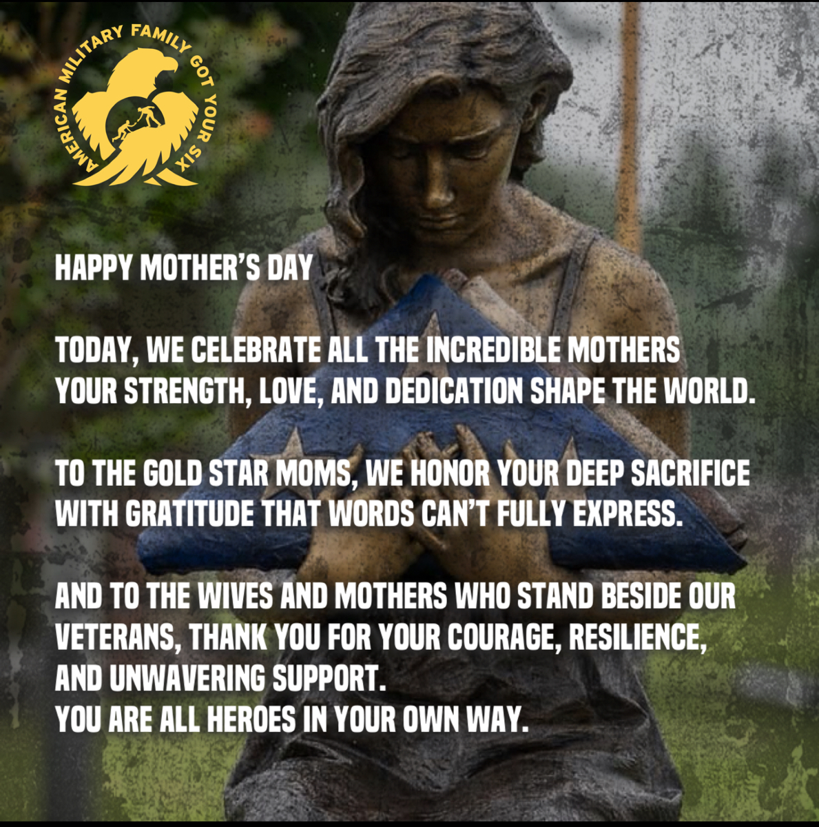 AMFGotYour6's tweet photo. On behavior of American Military Family.

We wish a very Happy Mother’s Day!

#happymothersday #amfgy6 #veterans #goldstarfamilies #goldstarmoms #goldstarwifes https://t.co/RbNxnolvL8