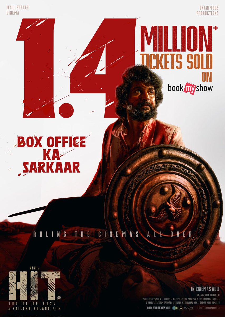 SARKAAR IS PUTTING ON A MONSTROUS SHOW AT THE BOX OFFICE 💥💥

1.4 MILLION+ TICKETS sold for #HIT3 on <a href="/bookmyshow/">BookMyShow</a>, making it the Best selling movie of Natural Star <a href="/NameisNani/">Nani</a> on the Platform ❤‍🔥

Book your tickets now!
🎟️ linktr.ee/HIT3Tickets

#BoxOfficeKaSarkaar