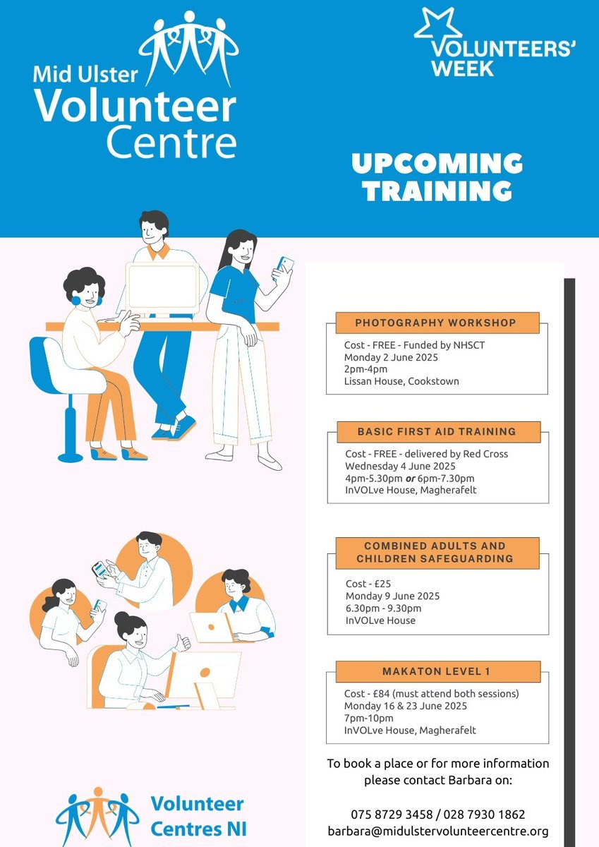 Checkout our upcoming training.  🔸️Booking essential🔸️

Visit our website or contact our Volunteer Co-ordinator, Barbara to book your space or find out more information. 

midulstervolunteercentre.org/training

☎️ 075 8729 3458
💻barbara@midulstervolunteercentre.org
