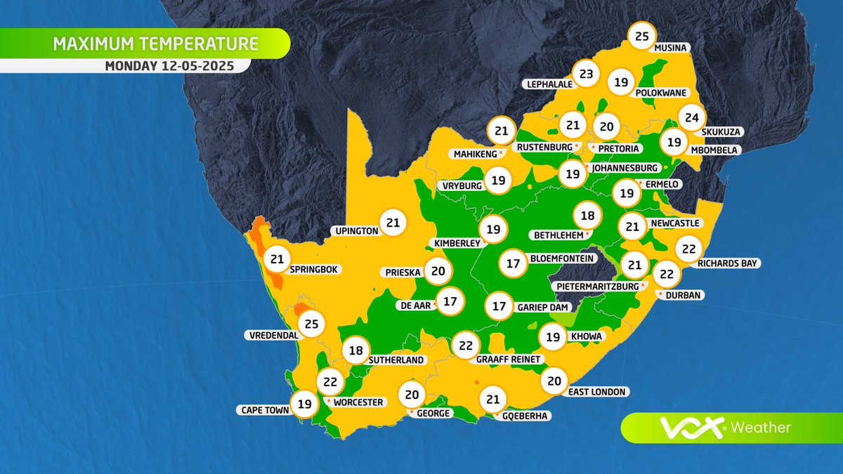 WEATHER for this MONDAY – 12 May 2025

🥶Min temps dropping to 0°C in places over the interior with frost likely
🌧️Light morning drizzle over north-eastern KZN &amp; along the eastern escarpment

Meteorologist Michelle du Plessis will be back LIVE at 6pm on MONDAY on #VoxWeather