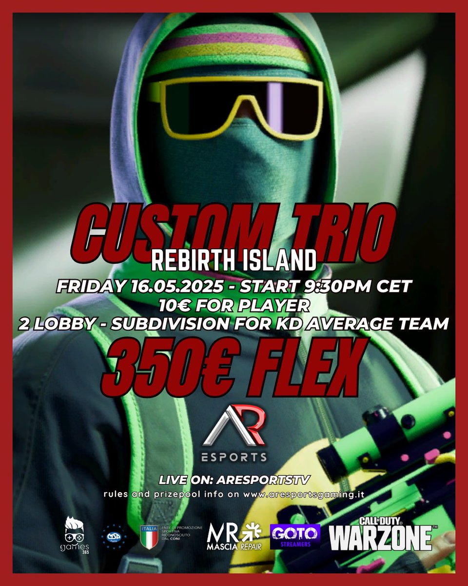 ArEsportsGaming's tweet photo. 🏆CUSTOM TRIO RESURGENCE🏆

🗓️| 16 MAY 9:30PM CET
🔥| REBIRTH ISLAND
💰| PRIZEPOOL 350€ FLEX
👤| 5 GAME BO4
⛔️| SUBDIVISION KD AVERAGE TEAM
📍| HOST EU
🔴| COMMENT FOR SPOT

#CallofDuty  #Warzone  #champs https://t.co/vwmRTJosVJ