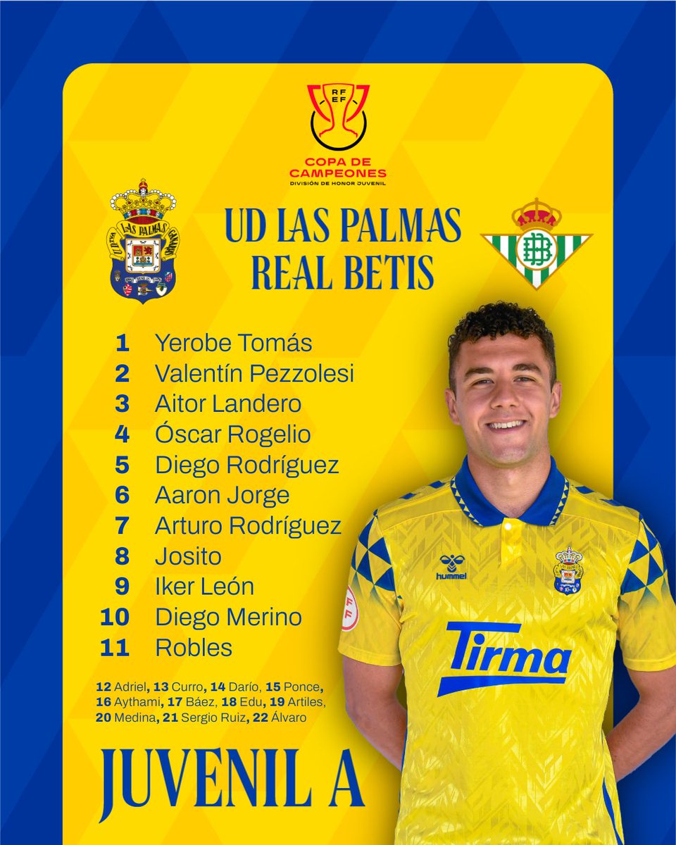 ¡Estos son los once elegidos para luchar la ida de los Cuartos de Final! 💪💛💙

UD Las Palmas 🆚 Real Betis

🗓️ 12:00h | Anexo al EGC 
📺 bit.ly/4jQ9zOX
📻 UD Radio

#JuvenilA #CopaDeCampeones #75AniversarioUD #LaUniónDePorVida #LaUniónHaceLasPalmas