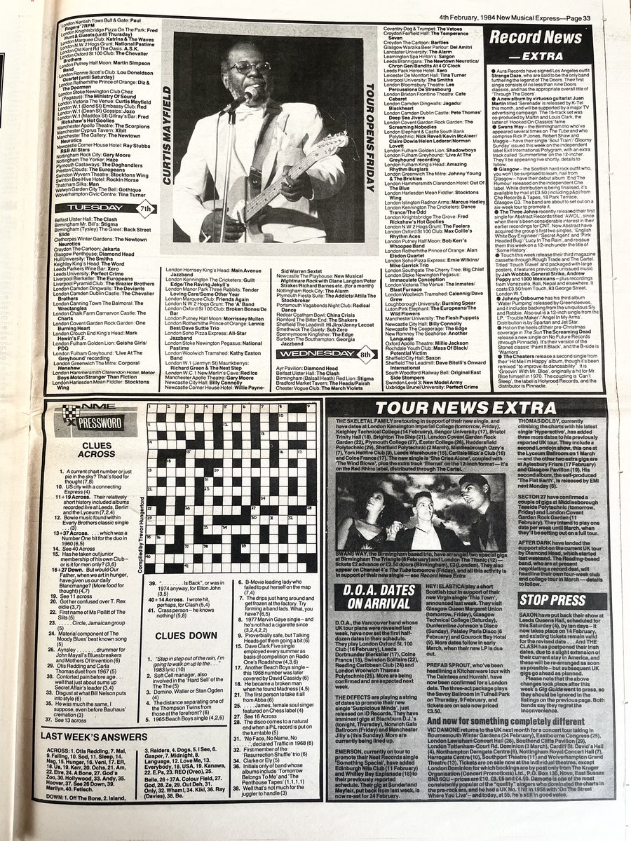 Gig Guide - The Clash, Curtis Mayfield, many more.
Plus some Tour News and Record News.
New Musical Express, 4 February 1984.
<a href="/TheClash/">The Clash</a>