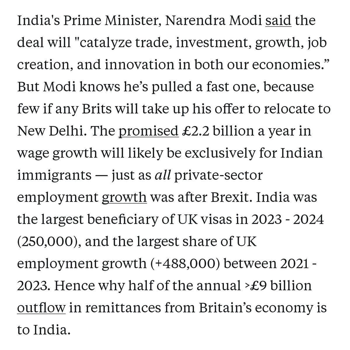 Con_Tomlinson's tweet photo. You just signed a deal to import more cheap Indian labour, at net-cost to the British taxpayer, and raised National Insurance for British employees while expempting Indian immigrants from paying the tax.

The gaslighting is blatant and shameless. Nobody believes you.
https://t.co/s3UHuCxXme