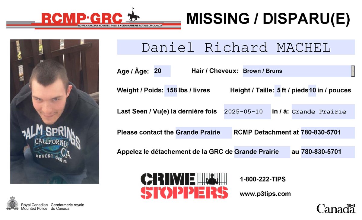 #Missing: Daniel Machel, 20, #GrandePrairie