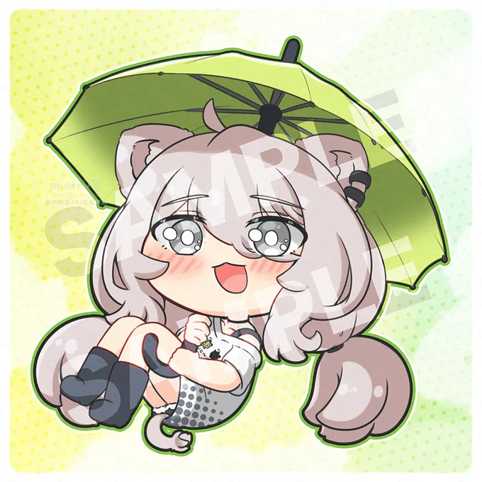 #ホロクル9th ホロクルで出す予定の『ししろんの"ノルマ達成"アンブレラマーカー』傘以外にも、ペットボトルなどお好きなところにつけられます\\٩( 'ω' )و //梅雨に入り雨に降られる事が多くなるかと思いますので、雨の予報の日にぜひ連れてってみてください 