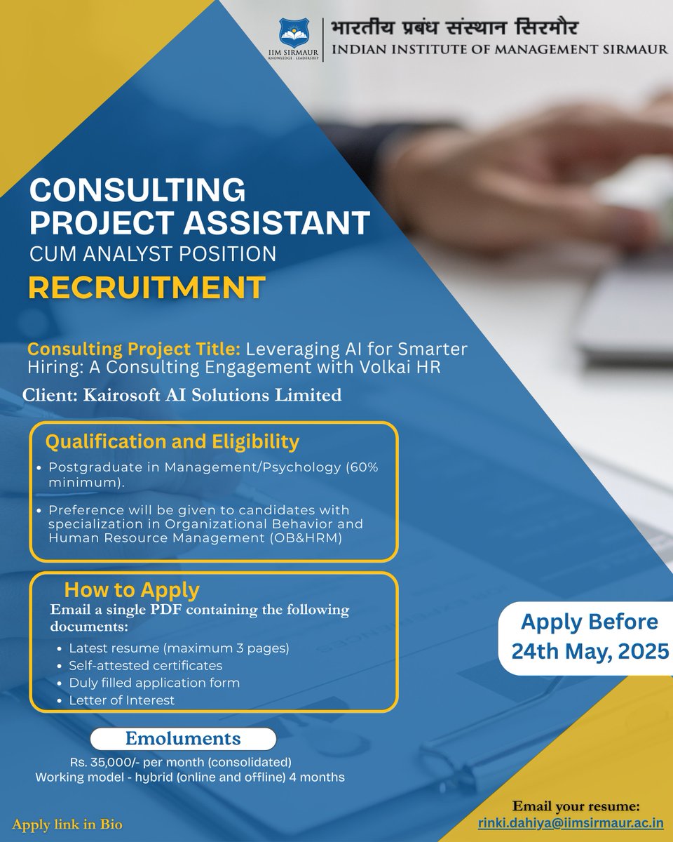 IIM Sirmaur (@iim_sirmaur) on Twitter photo IIM Sirmaur invites applications to work on a #researchproject on leveraging AI for smarter hiring. Interested candidates can send their application form by email to rinki.dahiya@iimsirmaur.ac.in
#jobalert #iimsirmaur IIM Sirmaur invites applications to work on a #researchproject on leveraging AI for smarter hiring. Interested candidates can send their application form by email to rinki.dahiya@iimsirmaur.ac.in
#jobalert #iimsirmaur