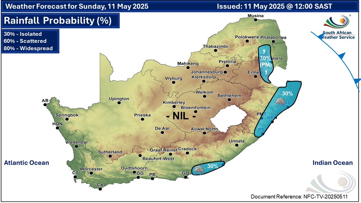 lnnocent191535's tweet image. Weather update for today and tomorrow, 11-12 May 2025:
Fine and cool to warm but partly cloudy in places in the east with light rain and showers. It will be cold to very cold along the escarpment in the Eastern Cape.⚠️Damaging winds and waves
#SAWS #saweather