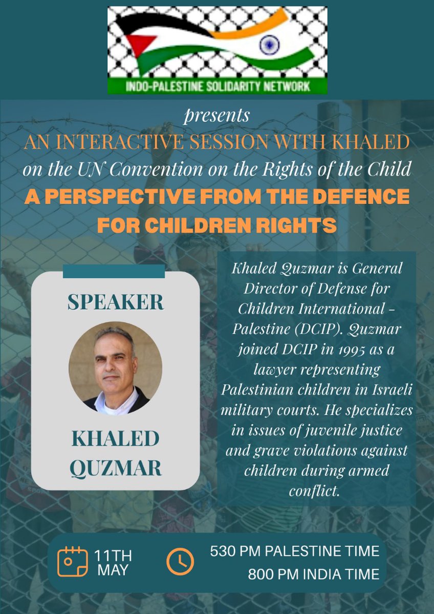 IPSN Zoom invites you to an Interactive Session on Defence For Children rights in Palestine on 11th May 2025 at 8 p.m. (India) /5.30 p.m. (Palestine)
  
us02web.zoom.us/j/87255143431?…

Meeting ID: 872 5514 3431
Passcode: IPSN