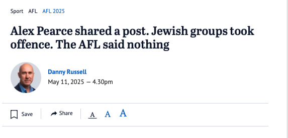 Sophie McNeill (@sophiemcneill) on Twitter photo The reaction to this has been INSANE
Our <a href="/freodockers/">Fremantle Dockers</a> captain Alex Pearce shared two instagram stories by the band Kneecap - the posts he shared simply spoke about the horror in #Gaza & condemned the killing of 20,000 children.
That’s it.
Yet the Murdoch & Stokes media and The reaction to this has been INSANE
Our <a href="/freodockers/">Fremantle Dockers</a> captain Alex Pearce shared two instagram stories by the band Kneecap - the posts he shared simply spoke about the horror in #Gaza & condemned the killing of 20,000 children.
That’s it.
Yet the Murdoch & Stokes media and