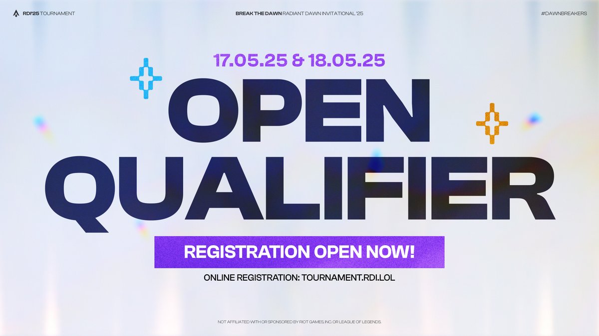 RDI'25 (@rdi_lol) on Twitter photo 🔹OPEN QUALIFIER ANMELDUNG🔹
Ab jetzt ist es möglich sich für unseren Open Qualifier anzumelden. Teilnahmeberechtigt sind Teams der 2. bis 5. Liga der <a href="/PrimeLeague/">Die Techniker Prime League</a>!
Die vier besten Teams aus dem Open Qualifier sichern sich die Chance auf das Mainevent!
#BreakTheDawn ✦ #TKPRM 🔹OPEN QUALIFIER ANMELDUNG🔹
Ab jetzt ist es möglich sich für unseren Open Qualifier anzumelden. Teilnahmeberechtigt sind Teams der 2. bis 5. Liga der <a href="/PrimeLeague/">Die Techniker Prime League</a>!
Die vier besten Teams aus dem Open Qualifier sichern sich die Chance auf das Mainevent!
#BreakTheDawn ✦ #TKPRM