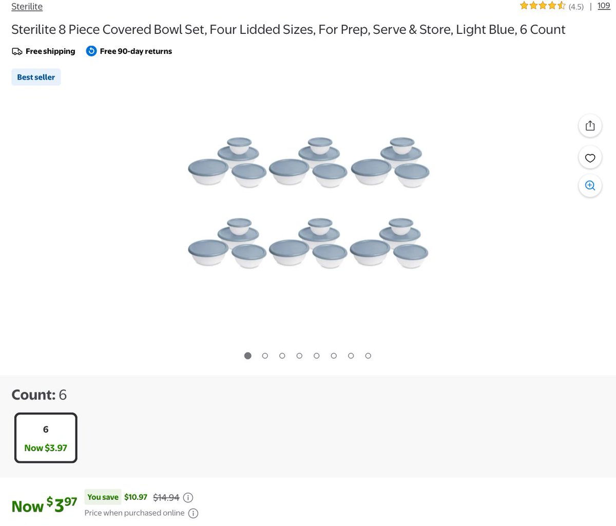 🙌 Great Price! Sterilite 8 Piece Covered Bowl Set, Four Lidded Sizes, For Prep, Serve &amp; Store, Light Blue, 6 Count now $3.97 via Walmart

🔗 - link.lordofsavings.com/3GOgslb

#LRDeal | #AD