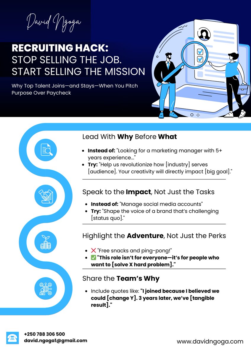 Davidngoga's tweet image. 🚀 Want Top Talent? Stop Advertising Jobs. Start Advertising Missions.

The best candidates don’t care about your ping-pong table. They care about why their work matters.

#RecruitingHacks #HiringForImpact #PurposeDrivenTalent
