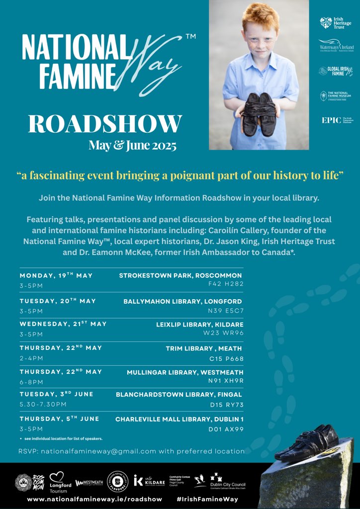 famineway's tweet image. National Famine Way™ Roadshow is on tour from 19th May. Commencing in @strokestownpark and held seven locations along trail. Featuring talks, presentations by leading famine historians
📧nationalfamineway@gmail.com to register.
nationalfamineway.ie/roadshow
#IrishFamineWay
