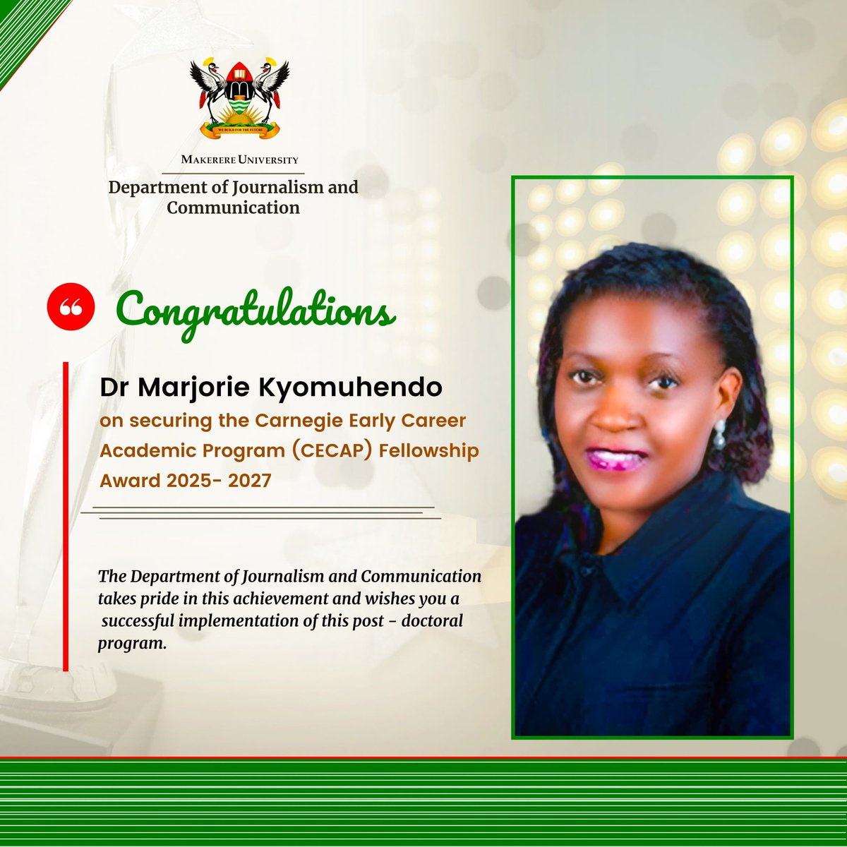 MakerereJournalism (@jocommakerere) on Twitter photo Congratulations <a href="/Marjkyom/">Marjorie Kyomuhendo</a> on receiving the Carnegie Early Career Academic Program (CECAP) fellowship award 2025-2027. We wish you a successful implementation of this pos doctoral program #DJCResearch <a href="/nakiwalaaisha/">Nakiwala Aisha</a> <a href="/FKakooza/">fred kakooza</a> <a href="/snamso/">𝔖𝔞𝔯𝔞 𝔑𝔞𝔪𝔲𝔰𝔬𝔤𝔞-𝔎𝔞𝔞𝔩𝔢</a> <a href="/wakaija/">Wilson Akiiki Kaija</a> <a href="/Imokola/">John Baptist Imokola</a> Congratulations <a href="/Marjkyom/">Marjorie Kyomuhendo</a> on receiving the Carnegie Early Career Academic Program (CECAP) fellowship award 2025-2027. We wish you a successful implementation of this pos doctoral program #DJCResearch <a href="/nakiwalaaisha/">Nakiwala Aisha</a> <a href="/FKakooza/">fred kakooza</a> <a href="/snamso/">𝔖𝔞𝔯𝔞 𝔑𝔞𝔪𝔲𝔰𝔬𝔤𝔞-𝔎𝔞𝔞𝔩𝔢</a> <a href="/wakaija/">Wilson Akiiki Kaija</a> <a href="/Imokola/">John Baptist Imokola</a>