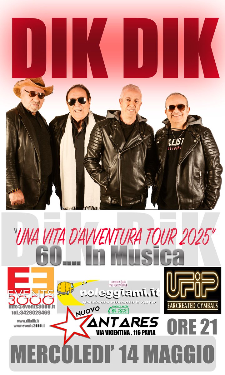 AdviceMusicIT's tweet photo. -3 AL CONCERTO
Dik Dik Tour 2025
Saranno live il  14 maggio p.v. alle  ore 21.00  presso  Nuovo Antares a Pavia  Ingresso Euro 20,00
Prenotazioni 331 420 8489, prevendita direttamente in loco o prevendita con Bonifico BAN: IT44 E 05034 56300 000000006645 Banco BPM-Marina s.r.l. https://t.co/UIjahaThUW