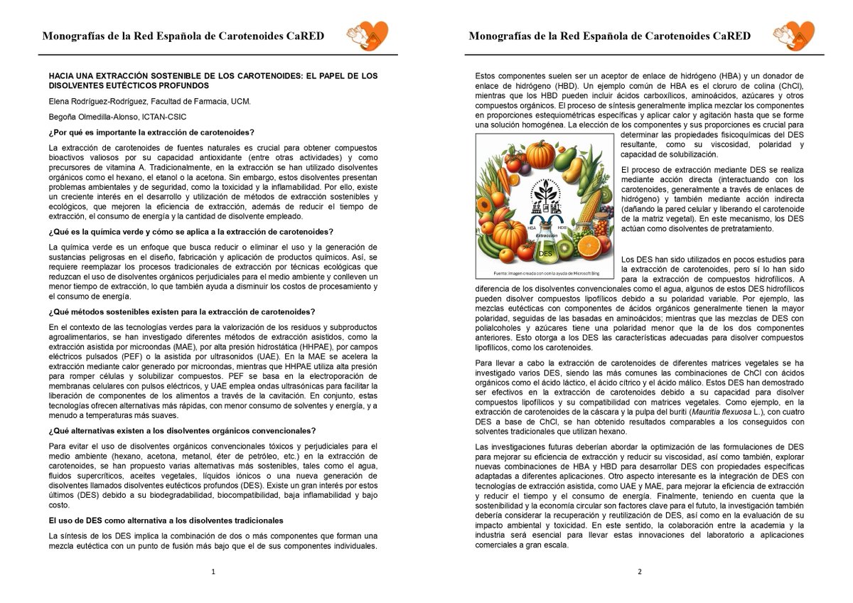Nuestras compañeras Elena Rodríguez (UCM) y Begoña Olmedilla (ICTAN-CSIC) nos hablan en su monografía sobre de la importancia de la 'Extracción sostenible de carotenoides'. Visita nuestra web para leer la monografía completa. departamento.us.es/dgenetica/CaRe…