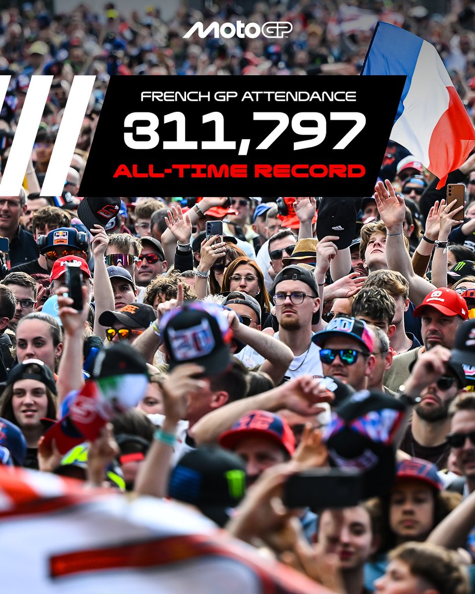 ALL-TIME RECORD 🙌

For the first time in history, #MotoGP welcomes more than 300,000 fans to a Grand Prix! 🎉

Merci, Le Mans! 💙🤍❤️

#FrenchGP 🇫🇷