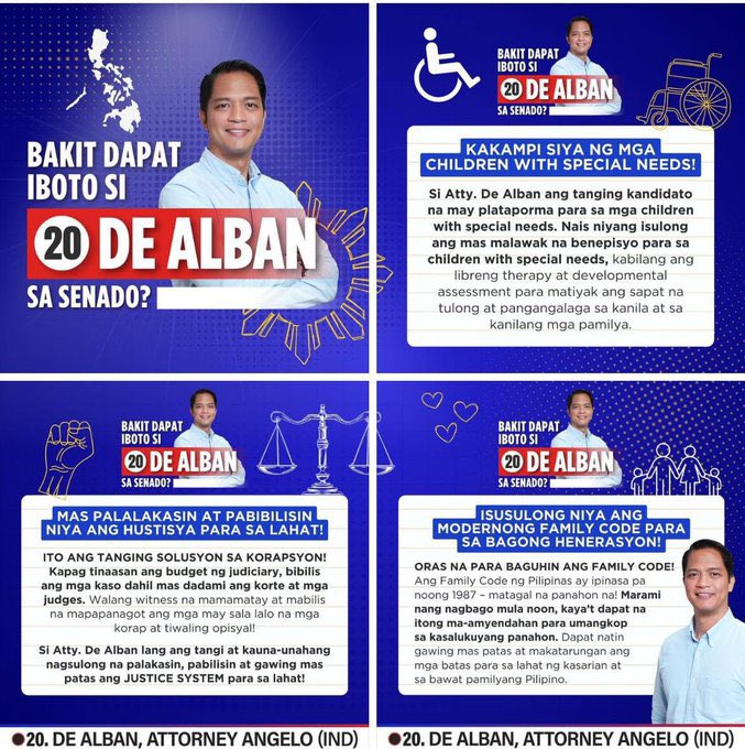 Just dropping here din. Please consider voting for Attorney Angelo De Alban. As someone na nagwork closely with kids with special needs for the past 7 years, sobrang important sakin na may senador na lalaban sa rights nila. Hopefully maconsider nyooo 🫶