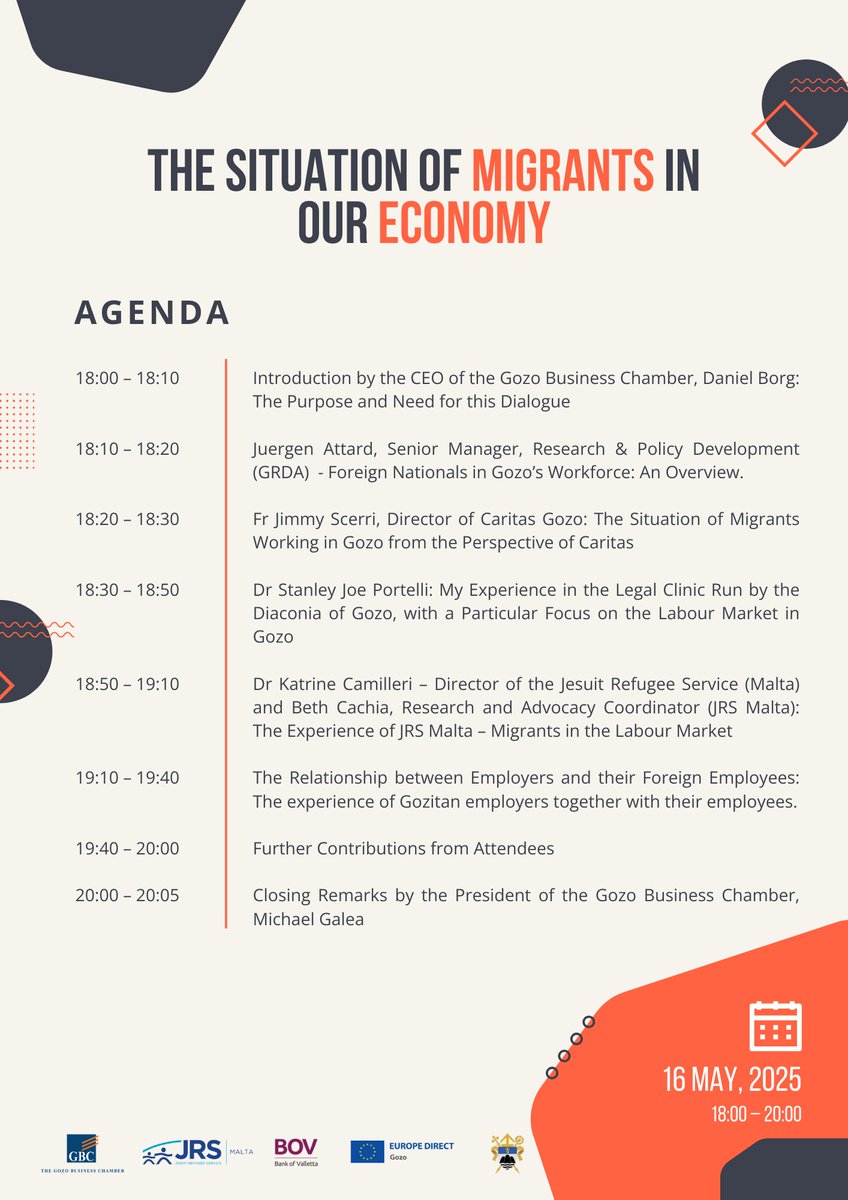 📣 Check out the agenda for our upcoming open dialogue: 'The Situation of Migrants in our Economy'.

Register here 👉 forms.gle/Wo994HoTiP7843…

📅 16 May 2025 | 📍 Dar Manresa, Victoria, Gozo

🤝Jesuit Refugee Service Malta | BOV | Diocese of Gozo | Europe Direct Gozo