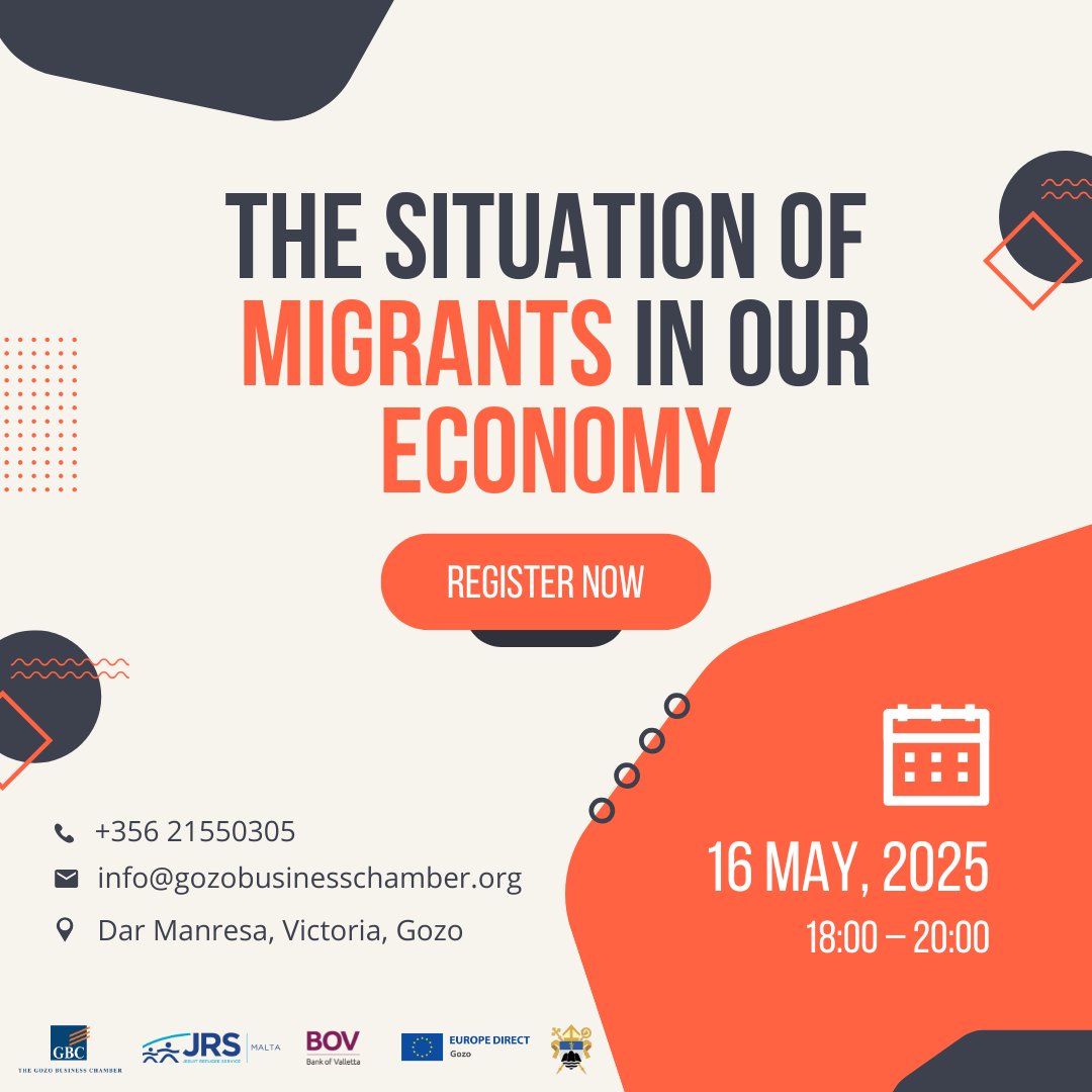 📣 Event: The Situation of Migrants in Our Economy
🗓 Friday, 16th May 2025
🕕 6:00pm – 8:00pm (Registration &amp; Coffee from 5:30pm)
📍 Dar Manresa, Rabat, Gozo
🎟 Free Entry – Registration Required forms.gle/Wo994HoTiP7843…