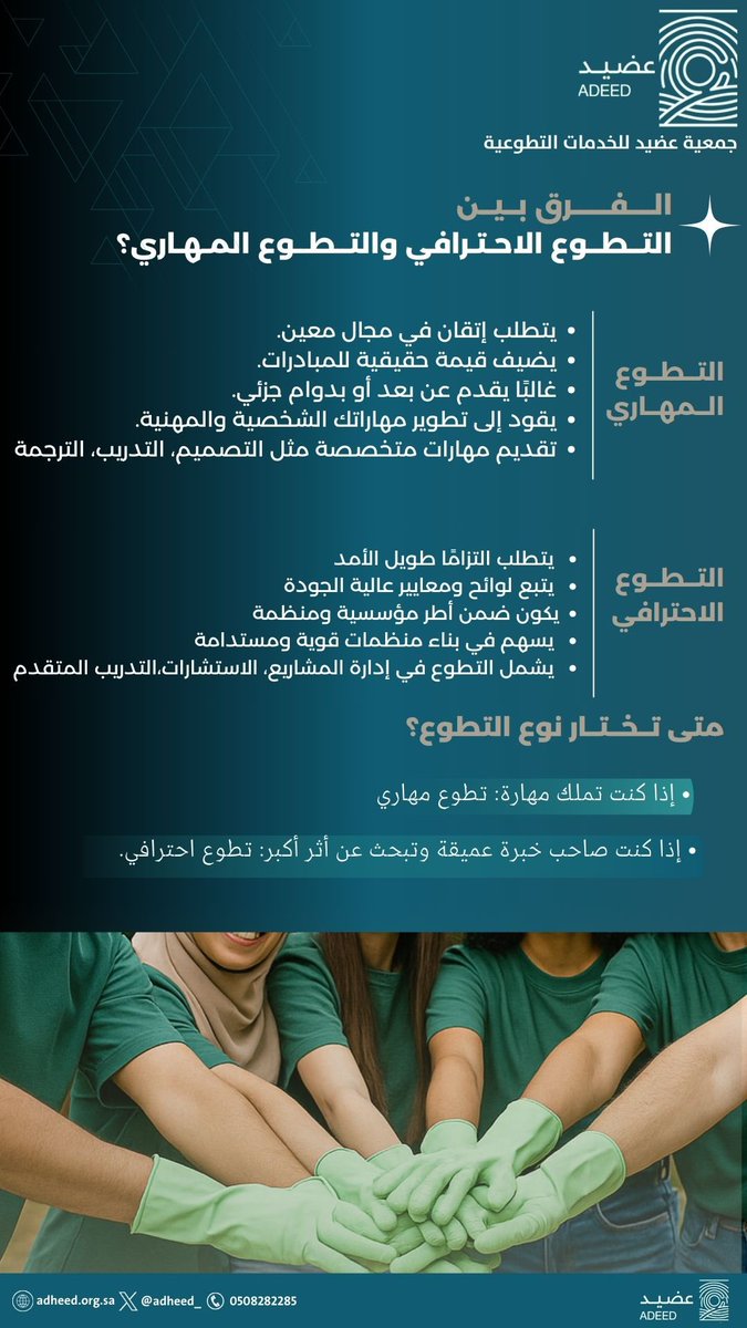 هل تعرف الفرق بين #التطوع_المهاري و #التطوع_الاحترافي ؟
في #جمعية_عضيد نؤمن بأن كل نوع له أثره وأهميته.
اكتشف الفرق وحدد طريقك في العطاء التطوعي بما يتناسب مع مهاراتك وخبراتك.

#العمل_التطوعي | #التطوع_المهاري | #التطوع_الاحترافي | #القصيم