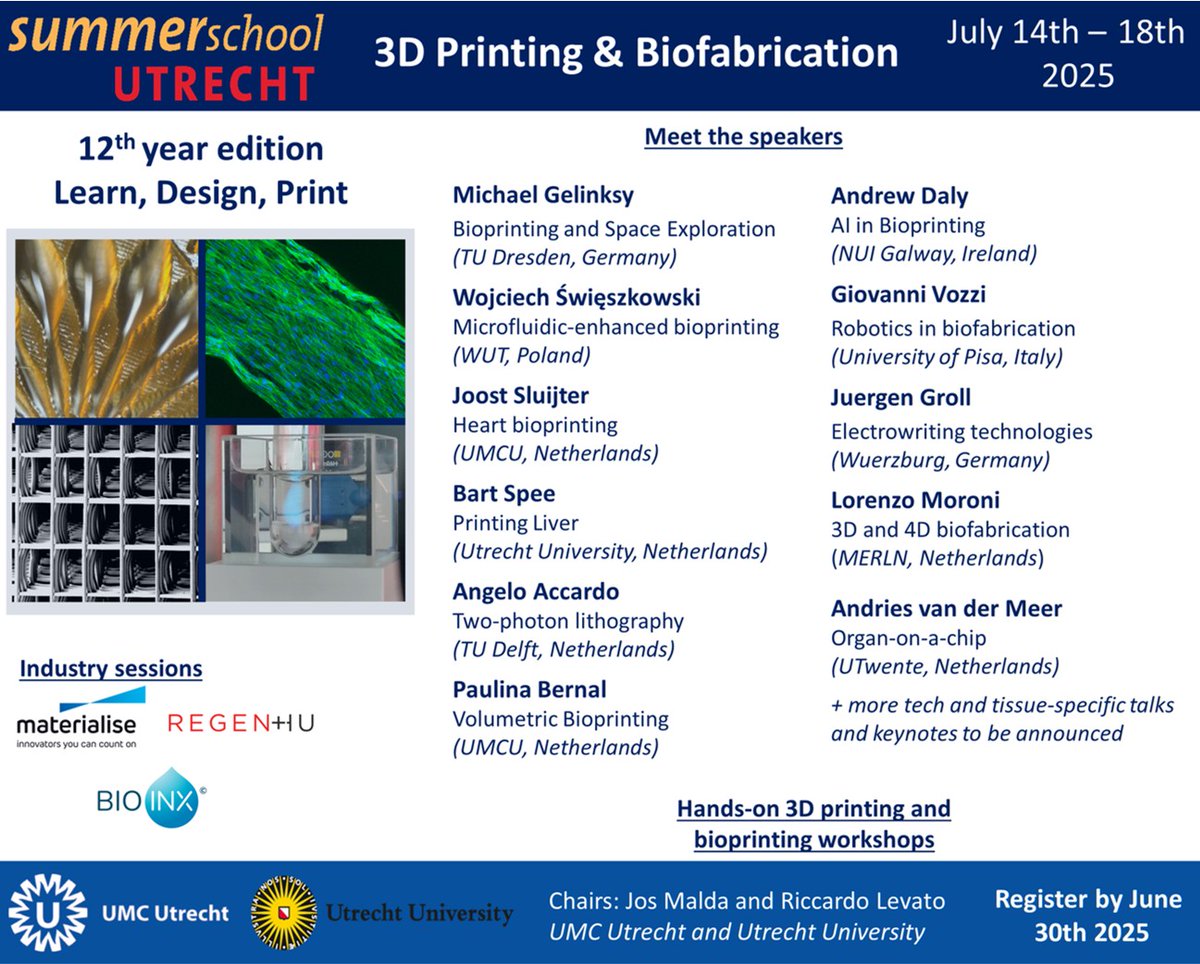 rlevato (@riclevato) on Twitter photo Join us for the 12th #3Dprinting and #Biofabrication summer school!
Learn more about #bioprinting by meeting experts in the field and with hands-on 3D printing sessions. Info and registrations: utrechtsummerschool.nl/courses/life-s…
<a href="/josmalda/">Jos Malda</a> <a href="/UMCUtrecht/">UMC Utrecht</a> <a href="/RMUtrecht/">RM Utrecht</a> <a href="/utrechtsummer/">UtrechtSummerSchool</a> <a href="/ISBioFab/">Intl Soc Biofab</a> Join us for the 12th #3Dprinting and #Biofabrication summer school!
Learn more about #bioprinting by meeting experts in the field and with hands-on 3D printing sessions. Info and registrations: utrechtsummerschool.nl/courses/life-s…
<a href="/josmalda/">Jos Malda</a> <a href="/UMCUtrecht/">UMC Utrecht</a> <a href="/RMUtrecht/">RM Utrecht</a> <a href="/utrechtsummer/">UtrechtSummerSchool</a> <a href="/ISBioFab/">Intl Soc Biofab</a>