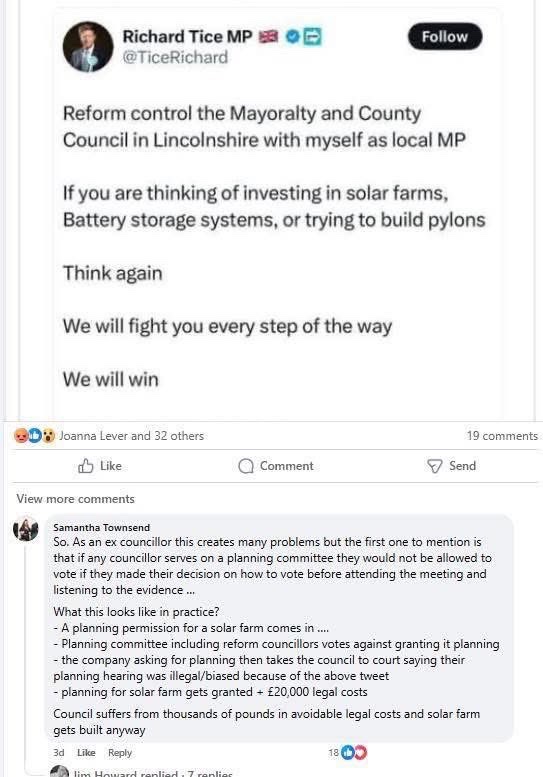Has <a href="/TiceRichard/">Richard Tice MP 🇬🇧</a> just compromised every Reform UK councillor in Lincolnshire? 

It’s hard to see how they can be involved in any planning decisions on green energy applications.

Reform UK will expose the council and taxpayers to huge costs.

Being that he also invests in solar