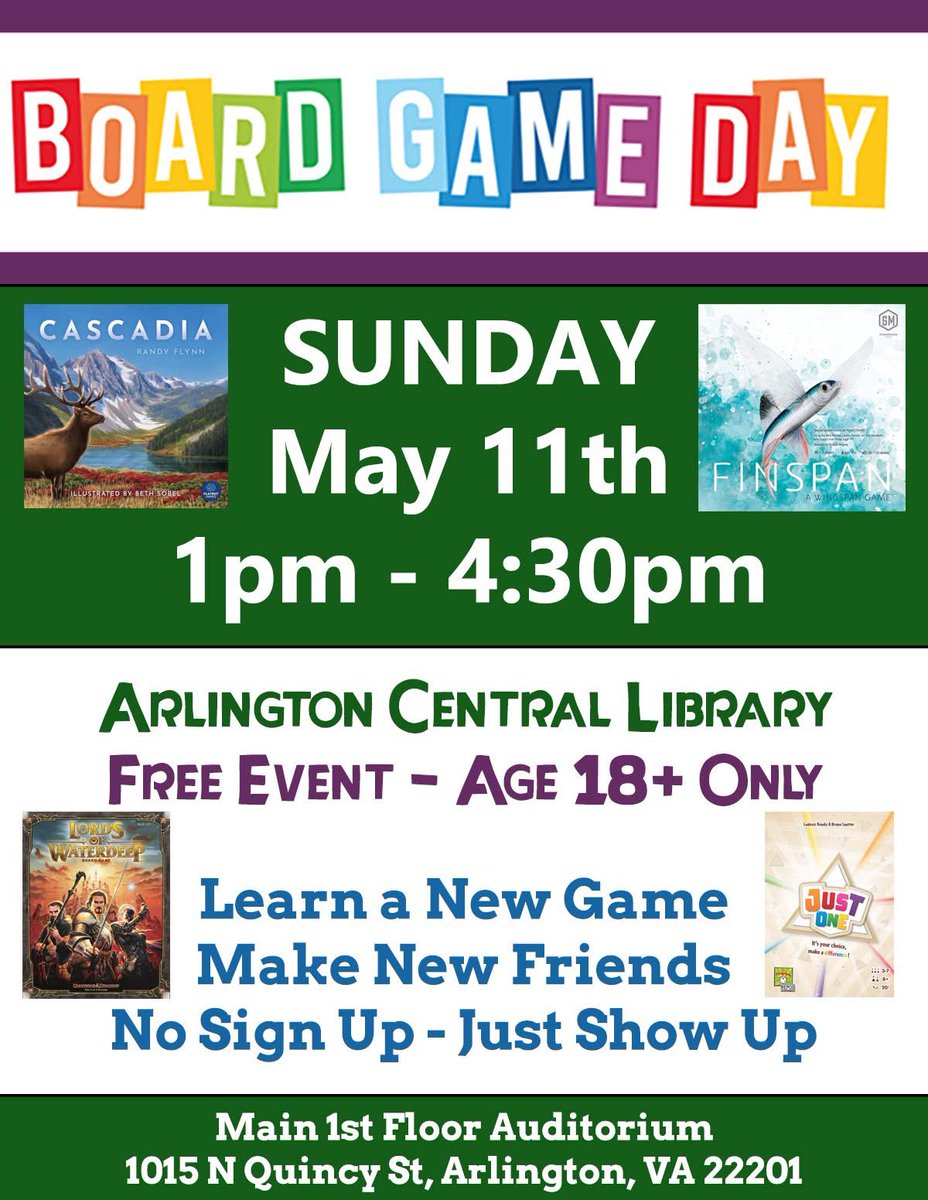 NOVA BoardGame Group (@novaboardgame) on Twitter photo Join us today for board games at Arlington Central Library from 1pm to 4:30pm. Ages 18+ only. No sign up needed and plenty of free parking. #dmv #ArlingtonVA <a href="/ilovearlingtonv/">I Love Arlington VA</a> Join us today for board games at Arlington Central Library from 1pm to 4:30pm. Ages 18+ only. No sign up needed and plenty of free parking. #dmv #ArlingtonVA <a href="/ilovearlingtonv/">I Love Arlington VA</a>