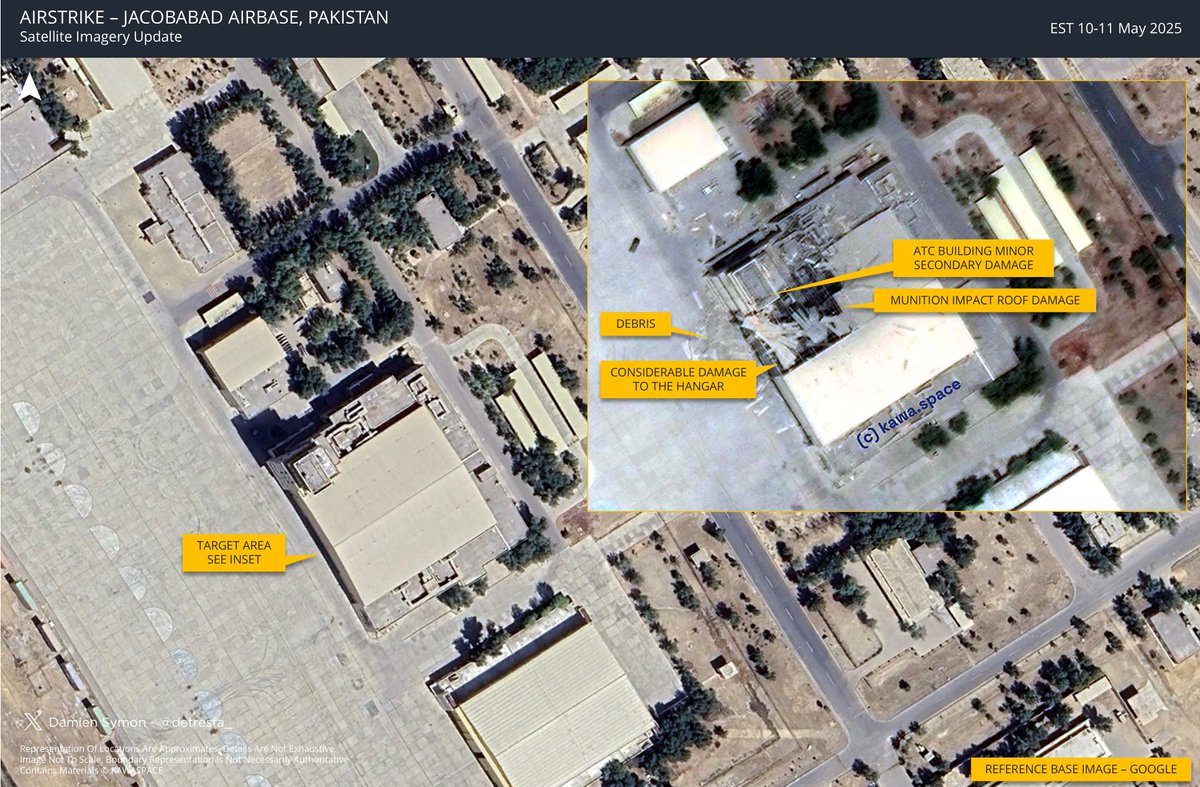 Imagery released by an Indian firm (KAWASPACE) spotlights damage at Pakistan’s Jacobabad Airbase - the Indian Air Force strike appears to have affected a hangar on the base's main apron — minor, possible secondary damage to the ATC building is also suspected