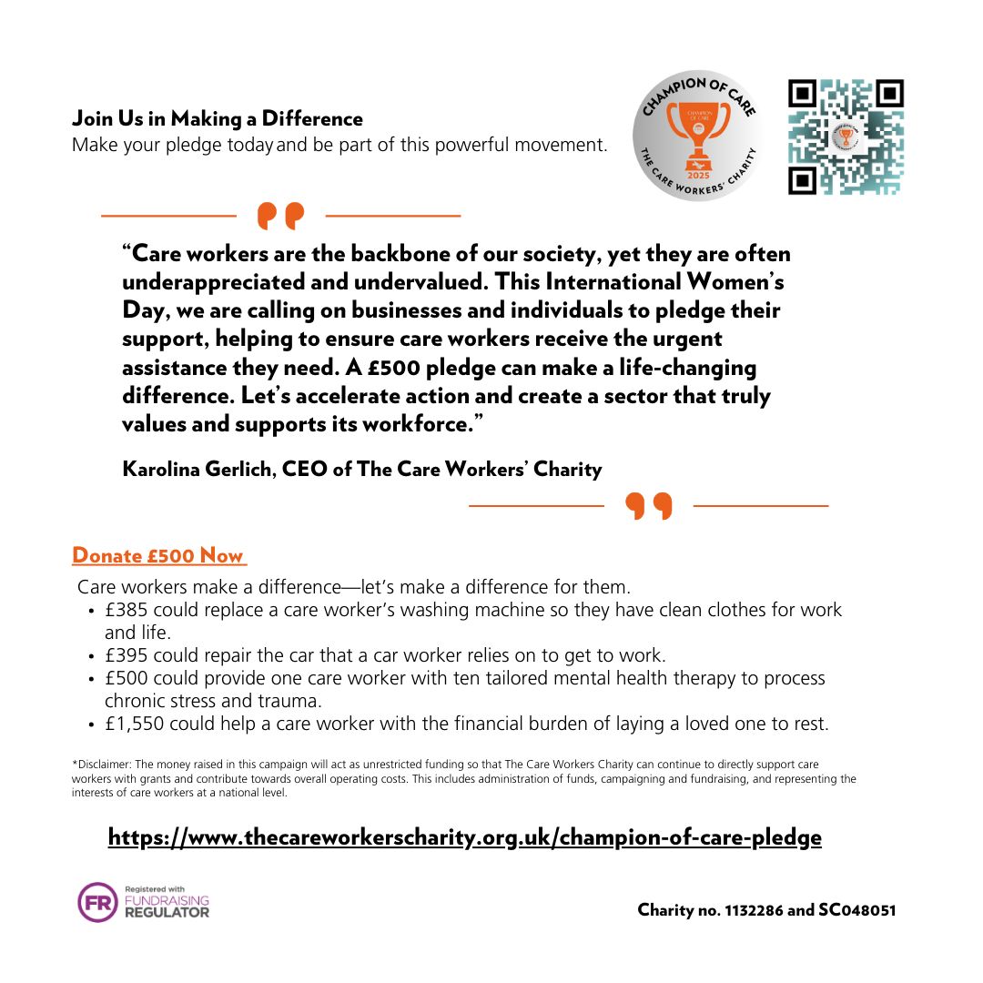 CareWorkersFund's tweet image. 🧡 Care workers give so much. Now it’s our turn.
Take the #ChampionOfCare pledge and donate £500 to support a care worker in crisis.

✅ Receive a digital badge
✅ Show your commitment
✅ Make a difference

👉 
buff.ly/n1Lp77u

#SupportSocialCare #CareSectorSupport
