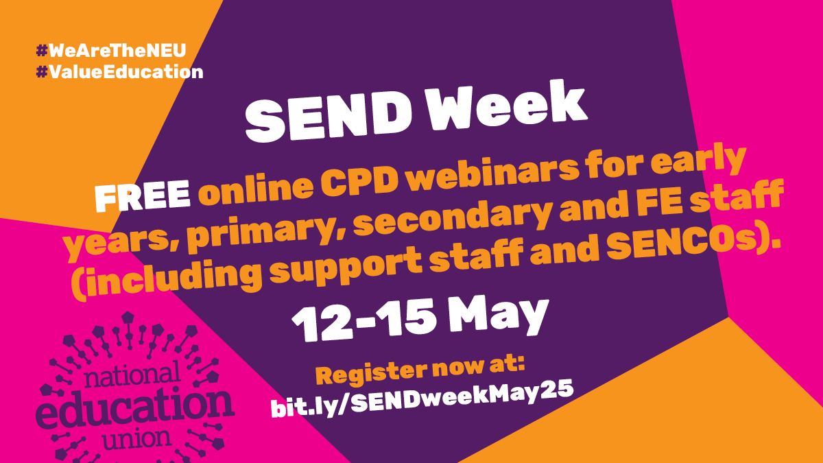 NEUnion's tweet photo. 📢 SEND week – a series of free webinars focusing on all aspects of SEND.
 
📅 12-15 May
 
Sessions on ADHD, dyslexia, scaffolding, autism and dyscalculia.
 
Register here👉 https://t.co/qKg7znQTqu
 
Sign up to access recordings for sessions.
 
#ValueEducation https://t.co/KzJE2K03Rb