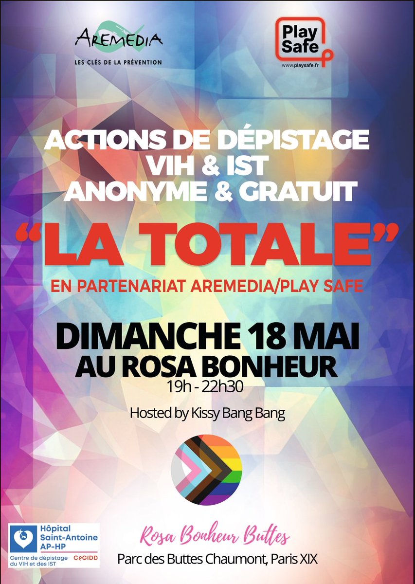 Save the date : La Totale is back 🌈👍
🔜 Stand au <a href="/RosaBonheur/">Rosa Bonheur ⭐💃</a> dimanche 18 mai avec <a href="/Aremedia1/">Aremedia</a> pour une session de tests IST MST VIH : LA TOTALE
15 mn et zou sur le dancefloor 🪩
Dès 19h à la guinguette perchée des Buttes Chaumont.
playsafe.fr/la-totale-au-r…