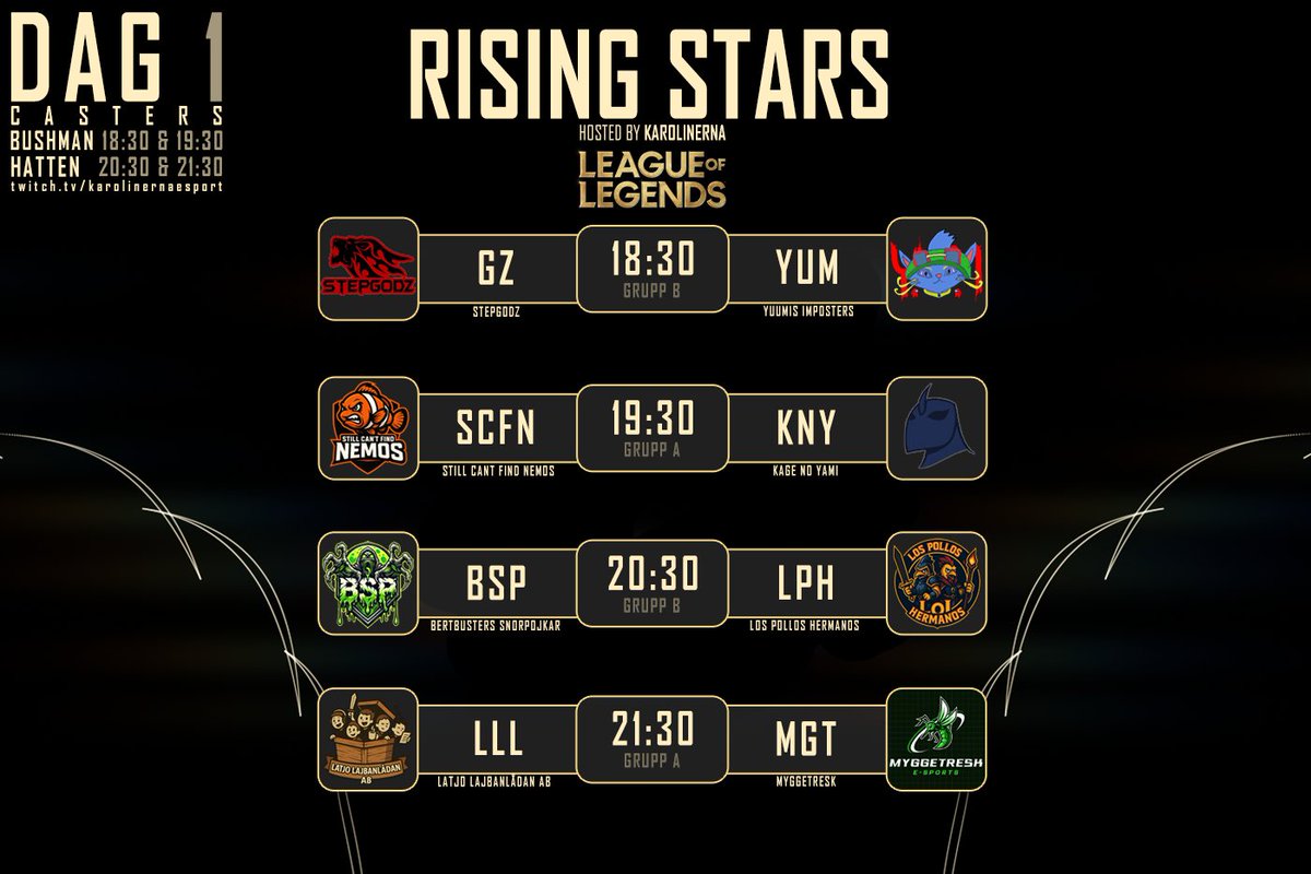 🚨 IKVÄLL STARTAR K5 - RISING STARS™! 🚨
🔥 Premiär med fullspäckad stream – se bilden för kvällens matcher &amp; casters!
🎥 twitch.tv/karolinernaesp…
🎙️ Casters: <a href="/EgonSundstrom/">Egon Sundström</a> &amp; <a href="/hat_casts/">hatten</a> 
⭐ Framtidens stjärnor är här – missa inte detta!