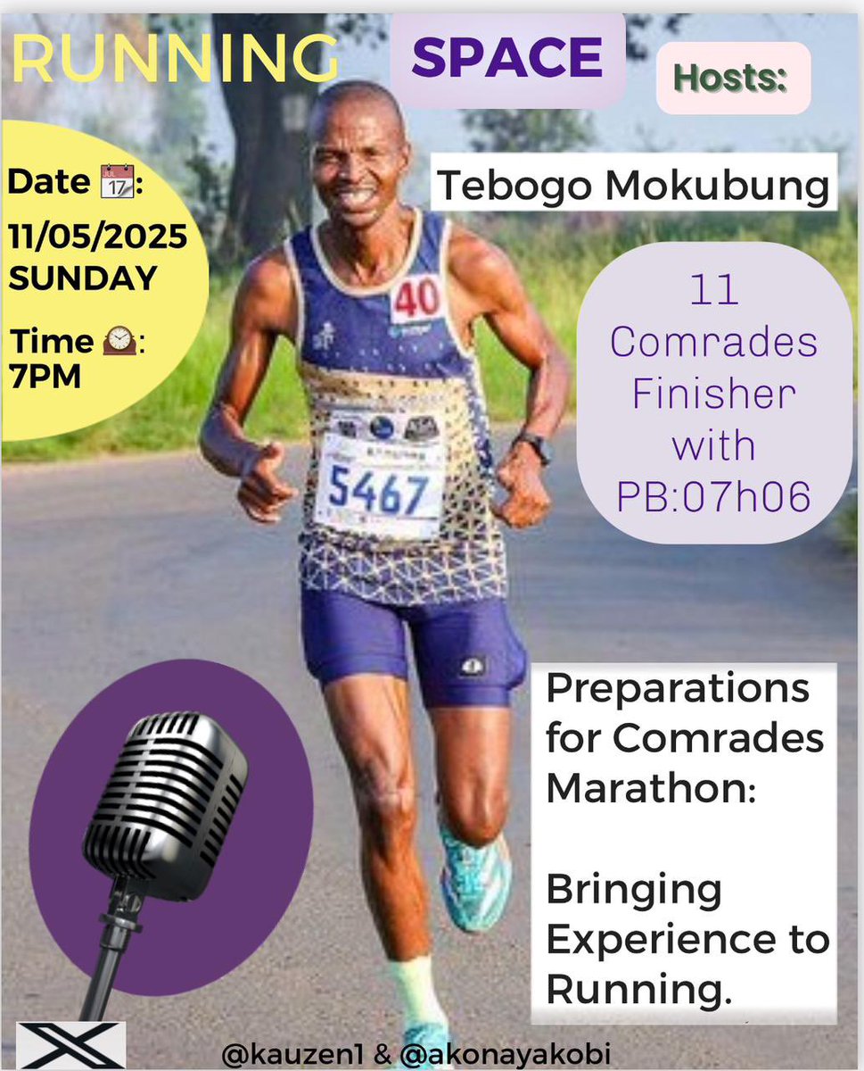 Dr Akhona (@akonayakobi) on Twitter photo Set a reminder for my upcoming Space! x.com/i/spaces/1mnxe…
Today we host <a href="/TebogoMokubung1/">Tebogo Mokubung</a> , an experienced <a href="/ComradesRace/">ComradesRace</a> runner 👌👌👌
#RunningWithTumiSole #RunningWithSoleAC #FetchYourBody2025 #IPaintedMyRun <a href="/kauzen1/">Kauzen</a> <a href="/_Zeemzo/">Zeem</a> Set a reminder for my upcoming Space! x.com/i/spaces/1mnxe…
Today we host <a href="/TebogoMokubung1/">Tebogo Mokubung</a> , an experienced <a href="/ComradesRace/">ComradesRace</a> runner 👌👌👌
#RunningWithTumiSole #RunningWithSoleAC #FetchYourBody2025 #IPaintedMyRun <a href="/kauzen1/">Kauzen</a> <a href="/_Zeemzo/">Zeem</a>