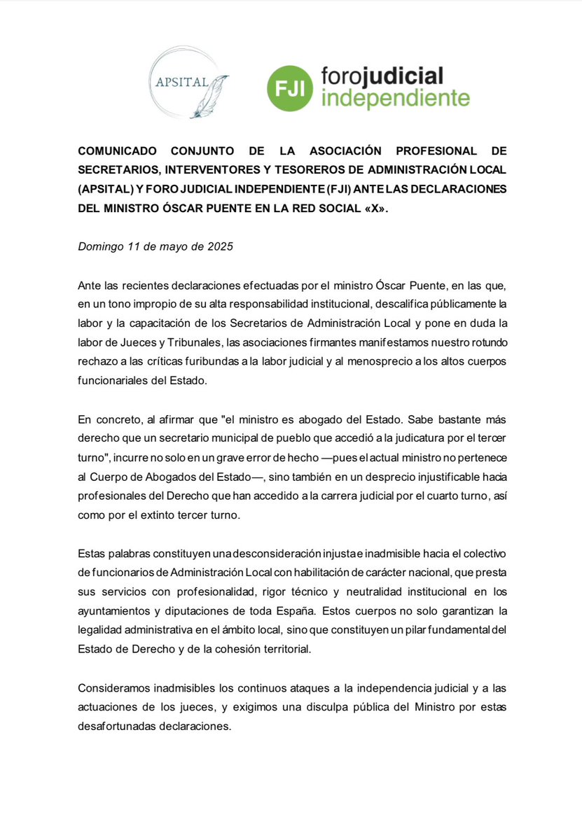 🔴 Comunicado conjunto de APSITAL y Foro Judicial Independiente ante las declaraciones del Ministro Óscar Puente en "X" en relación con las críticas al Cuerpo de funcionarios de Administración local con habilitación de carácter nacional y al juez Peinado.
#JusticiaIndependiente