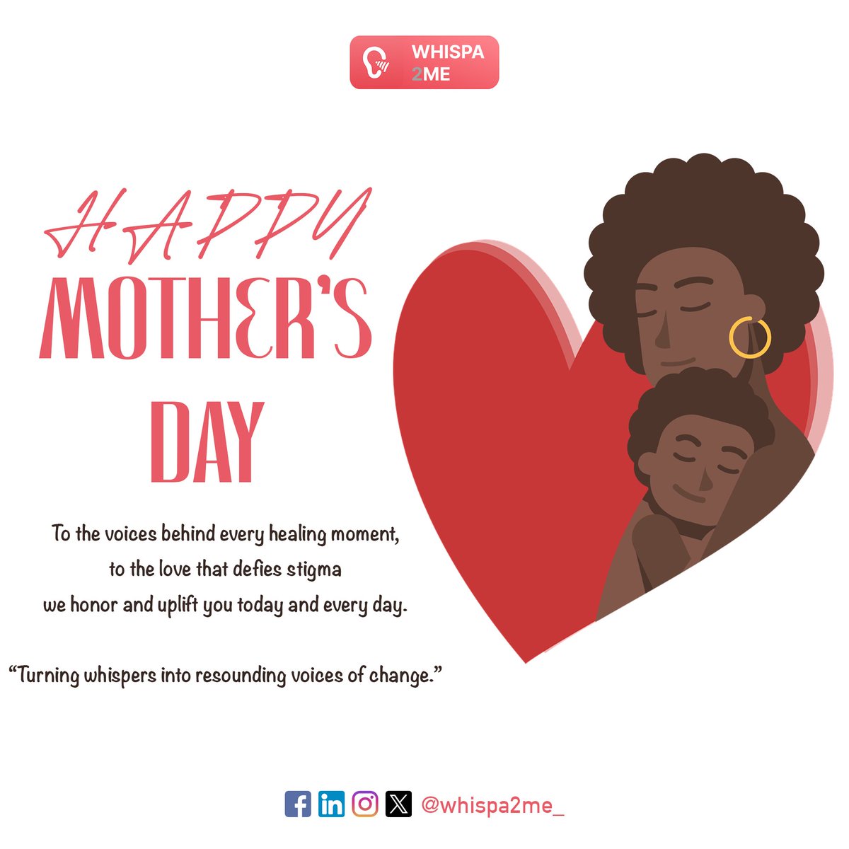 Whispa2me_'s tweet image. To the voices behind every healing moment, to the love that defies stigma, we honor and uplift you today and every day. 💖 &apos;Turning whispers into resounding voices of change&apos; 🌸 #MothersDay #MomLove #StrongMoms #InspireChange #LoveHeals #MothersDay2025 #EmpowerMoms #CelebrateMoms