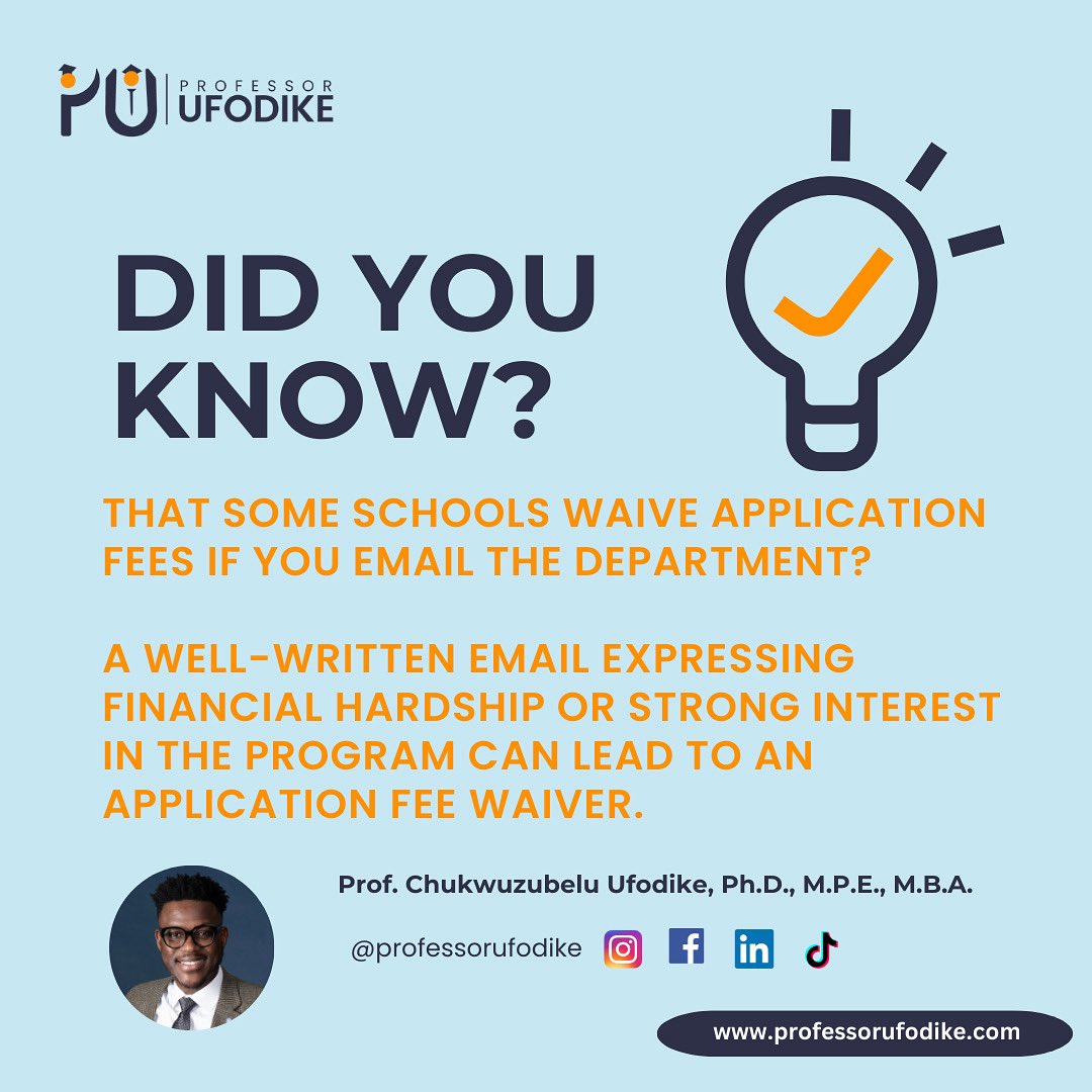 profufodike's tweet image. Skip the fee, not the opportunity.

Some U.S. schools offer application fee waivers if you email the department professionally. 

Want to learn how to write it right? DM me “WAIVER” and let’s get started.

 #ApplicationHacks #StudyAbroad #FeeWaiver #InternationalStudents #Funding